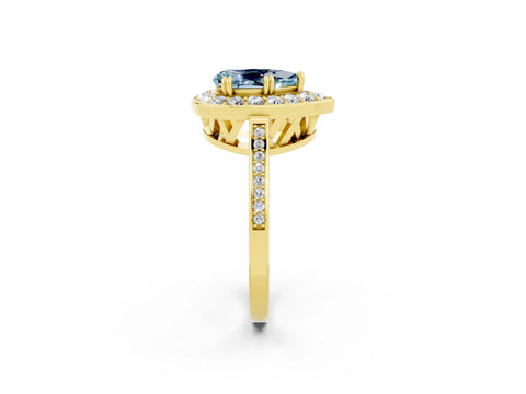 Yellow gold Pear Cut Aquamarine Halo Ring with Split Shank and Four-Prong Setting_2