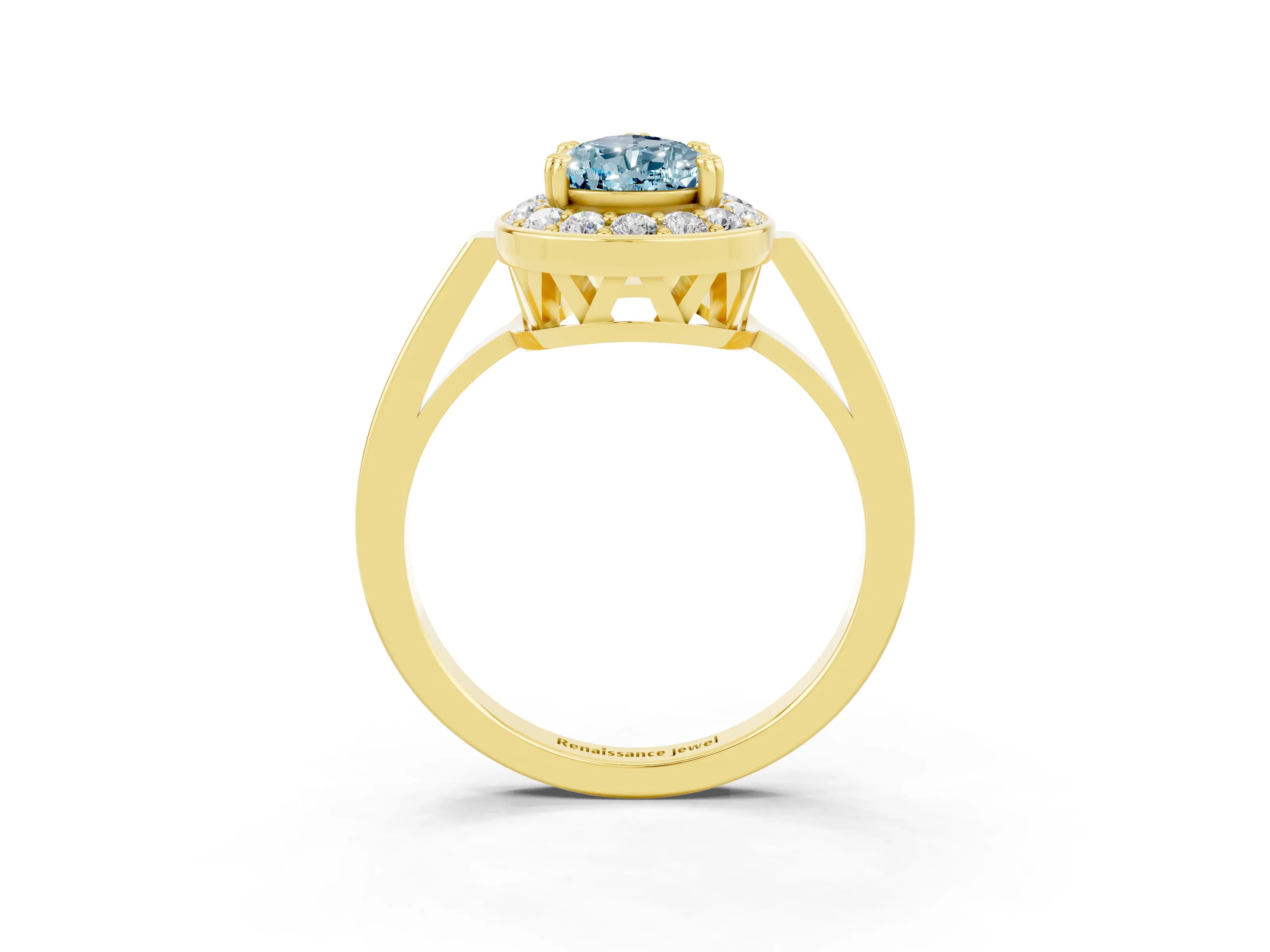 Yellow gold Pear Cut Aquamarine Halo Ring with Split Shank and Four-Prong Setting_3