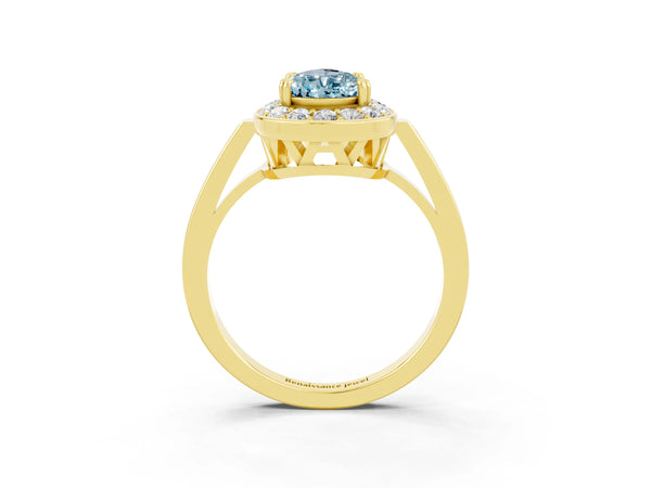 Yellow gold Pear Cut Aquamarine Halo Ring with Split Shank and Four-Prong Setting