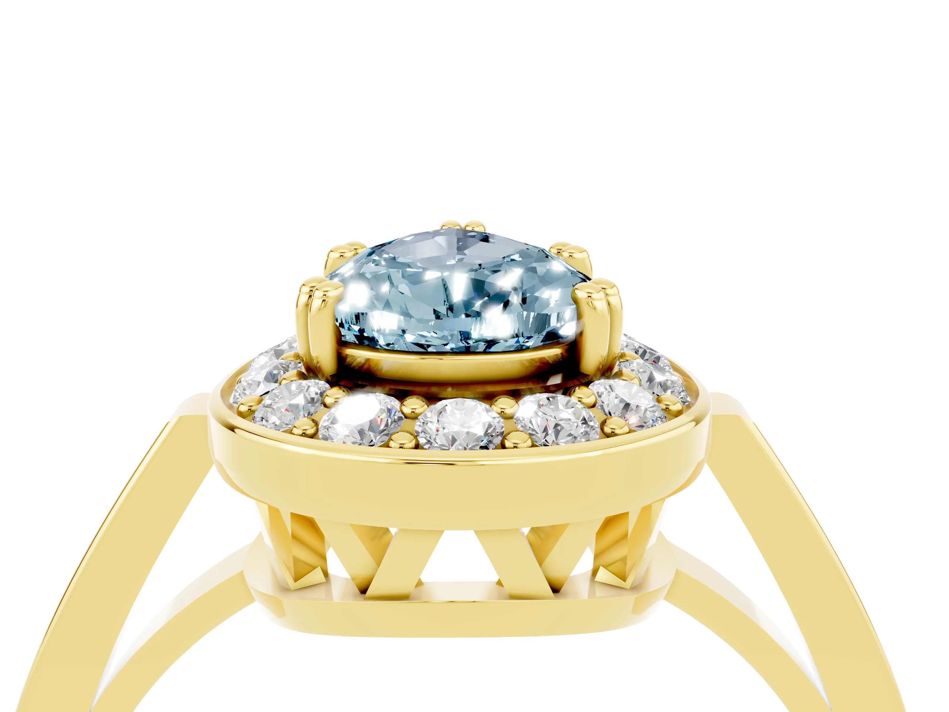 Yellow gold Pear Cut Aquamarine Halo Ring with Split Shank and Four-Prong Setting_4