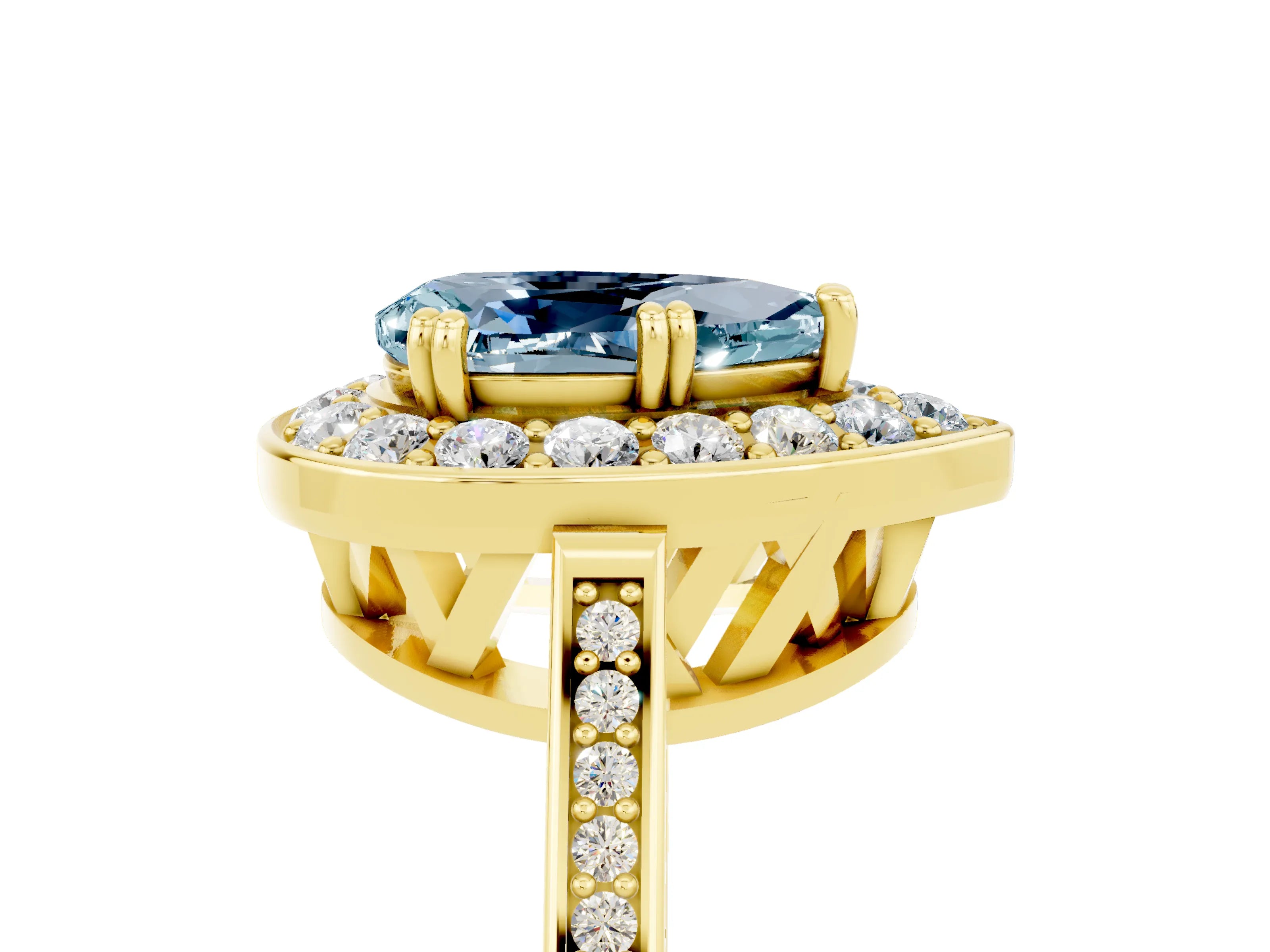Yellow gold Pear Cut Aquamarine Halo Ring with Split Shank and Four-Prong Setting_5