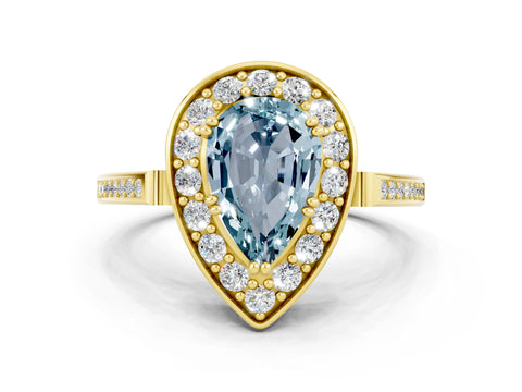Yellow gold Pear Cut Aquamarine Halo Ring with Split Shank and Four-Prong Setting