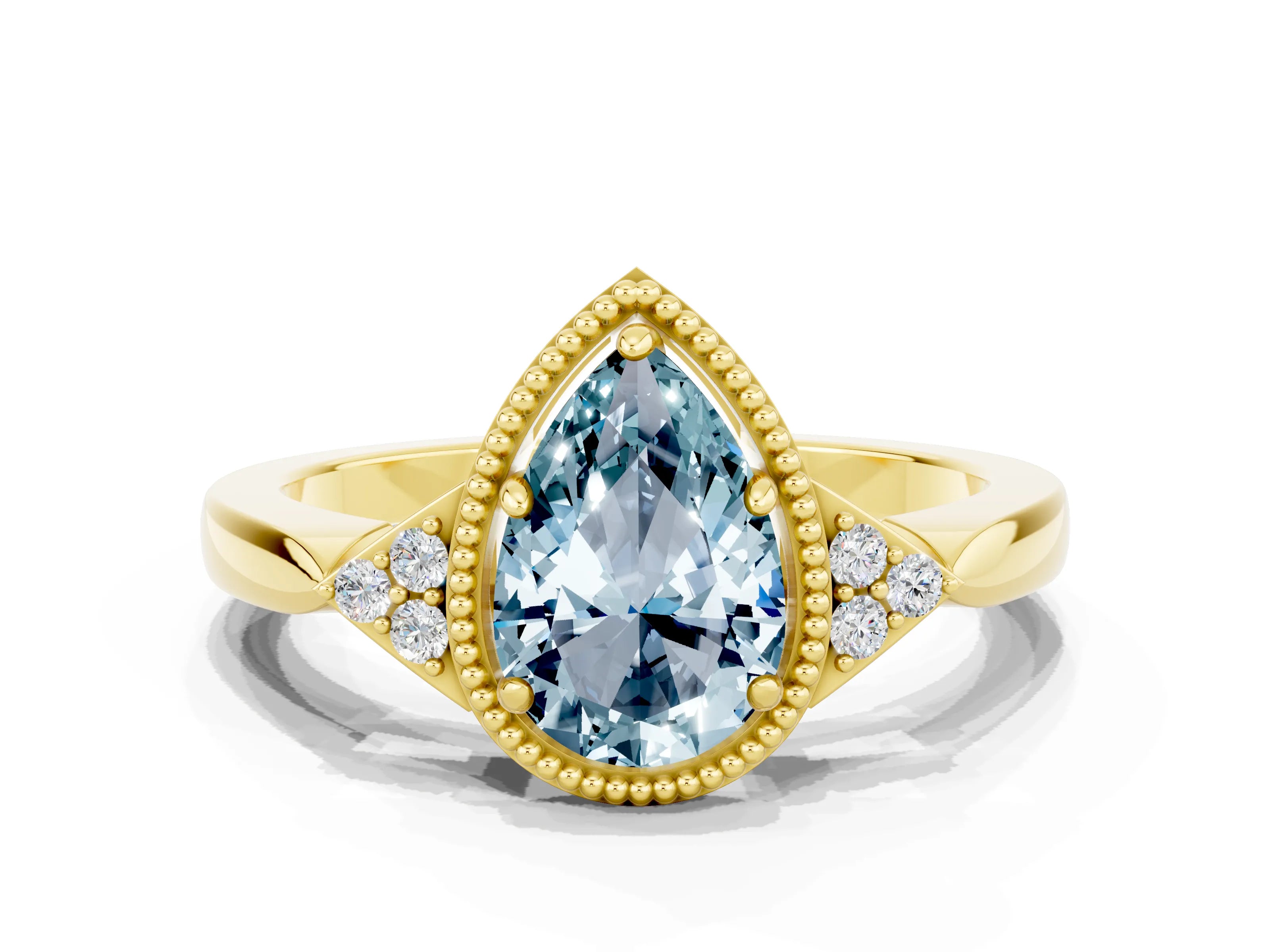 Yellow gold Pear Cut Aquamarine Halo Ring with Tapered Band and Four-Prong Setting