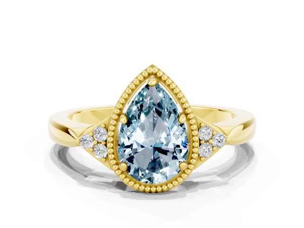 Yellow gold Pear Cut Aquamarine Halo Ring with Tapered Band and Four-Prong Setting