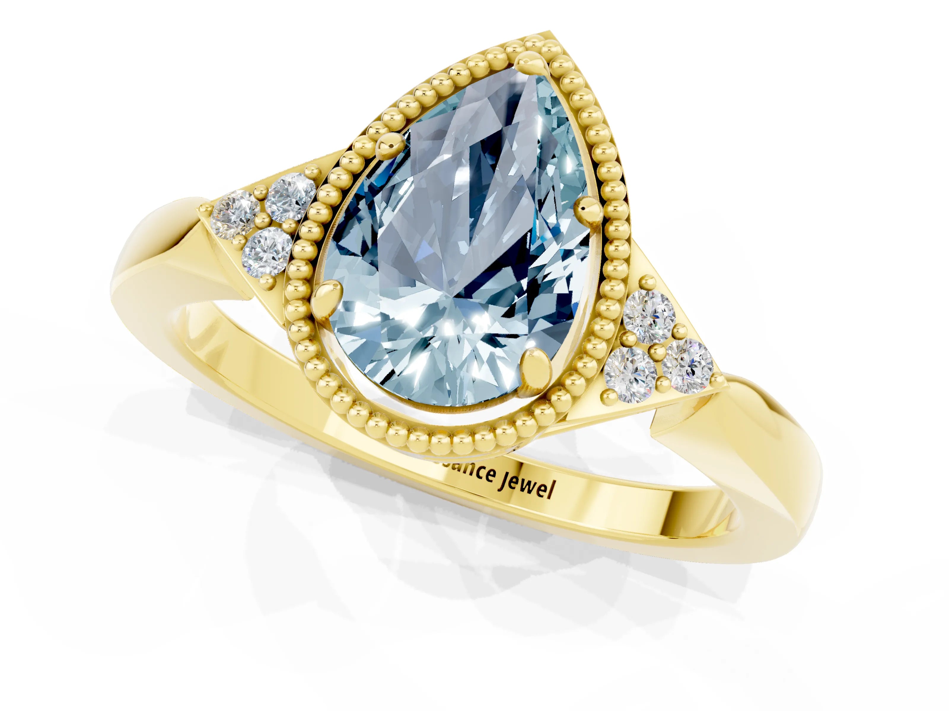 Yellow gold Pear Cut Aquamarine Halo Ring with Tapered Band and Four-Prong Setting_1