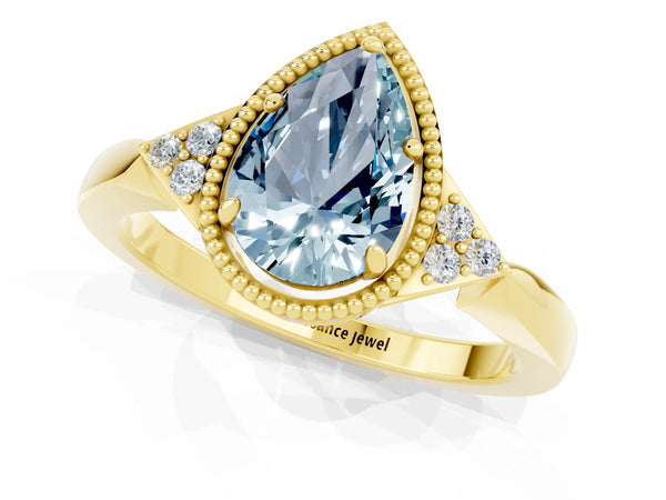 Yellow gold Pear Cut Aquamarine Halo Ring with Tapered Band and Four-Prong Setting