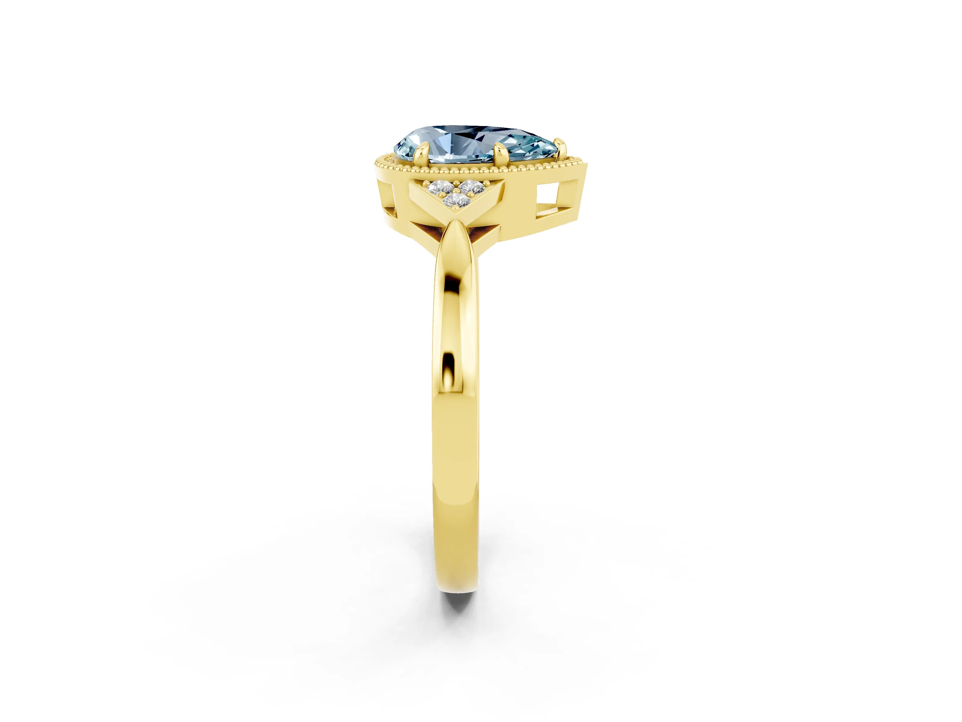 Yellow gold Pear Cut Aquamarine Halo Ring with Tapered Band and Four-Prong Setting_2