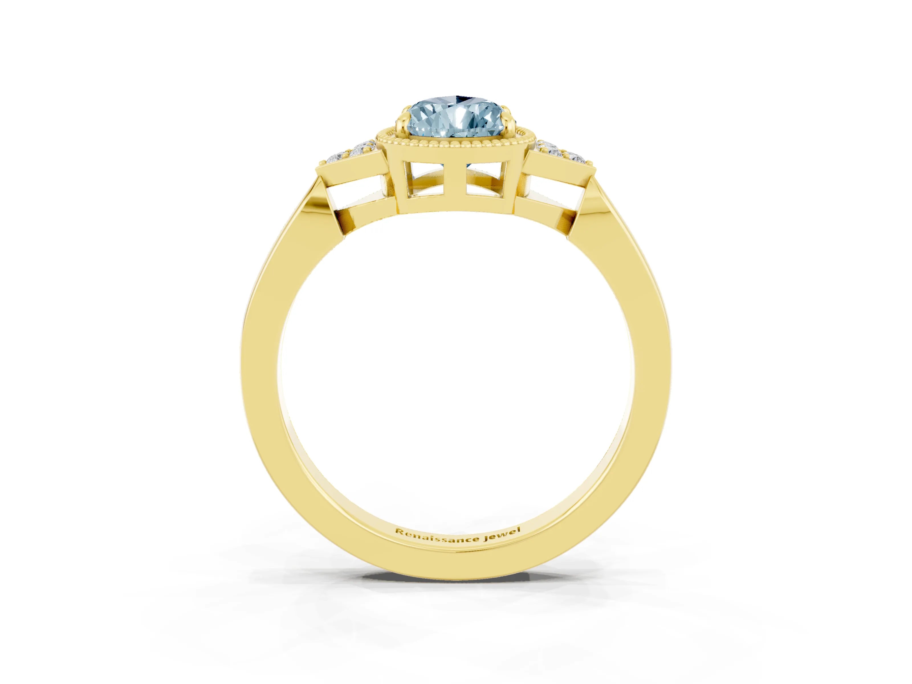 Yellow gold Pear Cut Aquamarine Halo Ring with Tapered Band and Four-Prong Setting_3