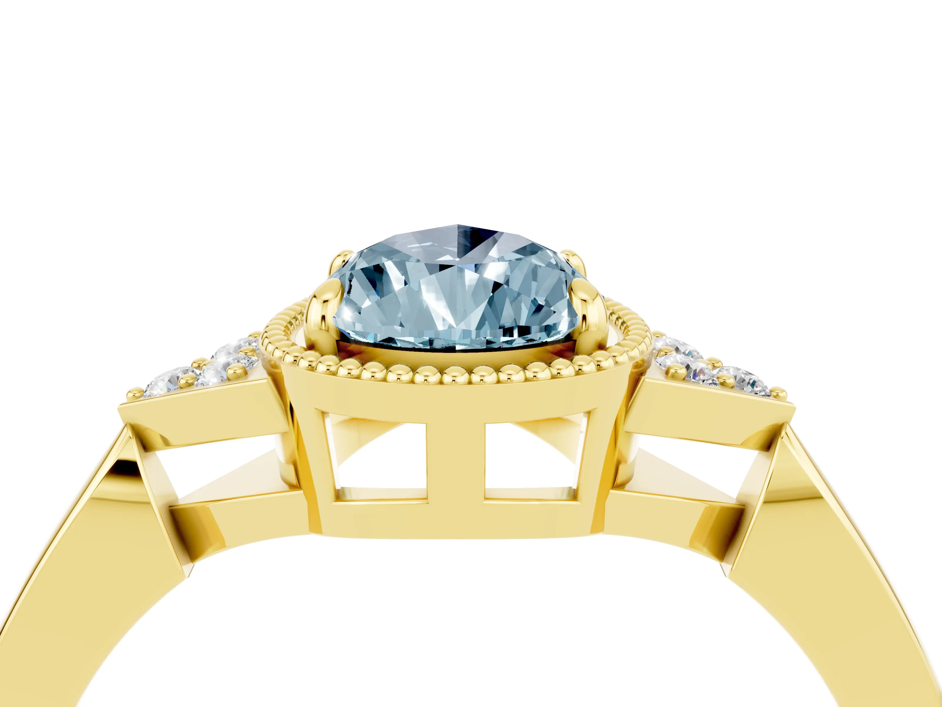 Yellow gold Pear Cut Aquamarine Halo Ring with Tapered Band and Four-Prong Setting_4