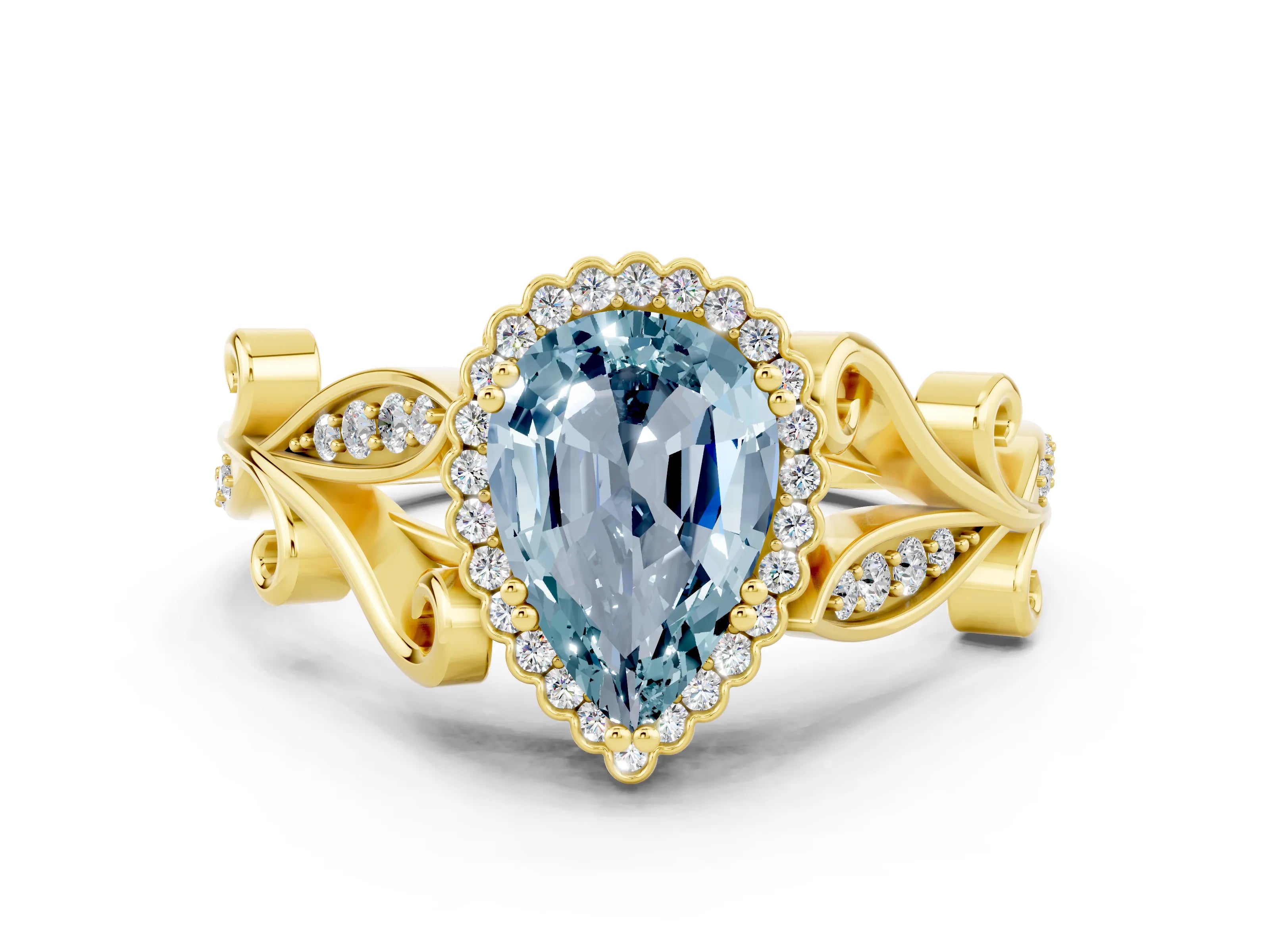Yellow gold Pear Cut Aquamarine Halo Ring with Vintage Split Shank and Four-Prong Setting