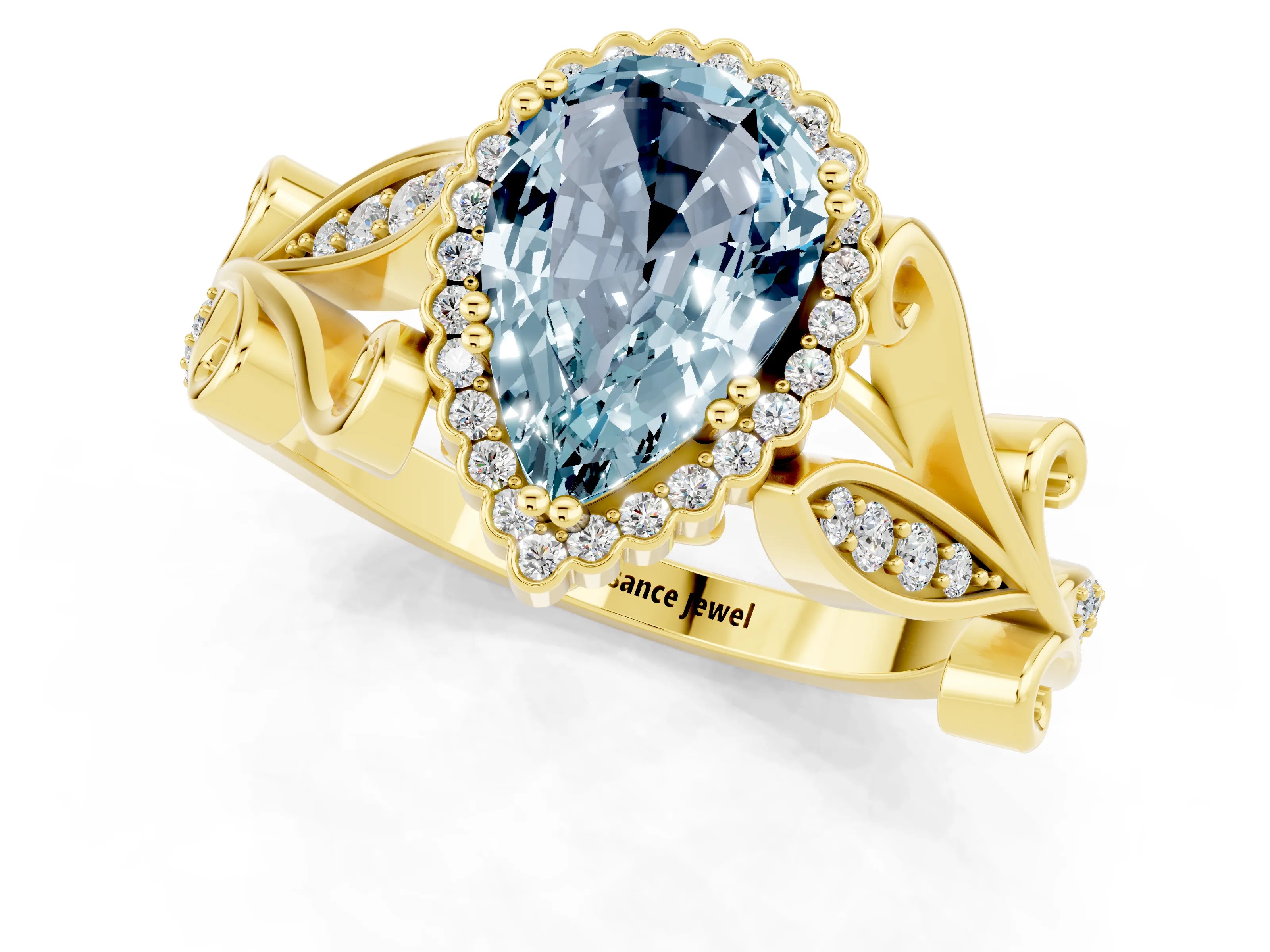 Yellow gold Pear Cut Aquamarine Halo Ring with Vintage Split Shank and Four-Prong Setting_1