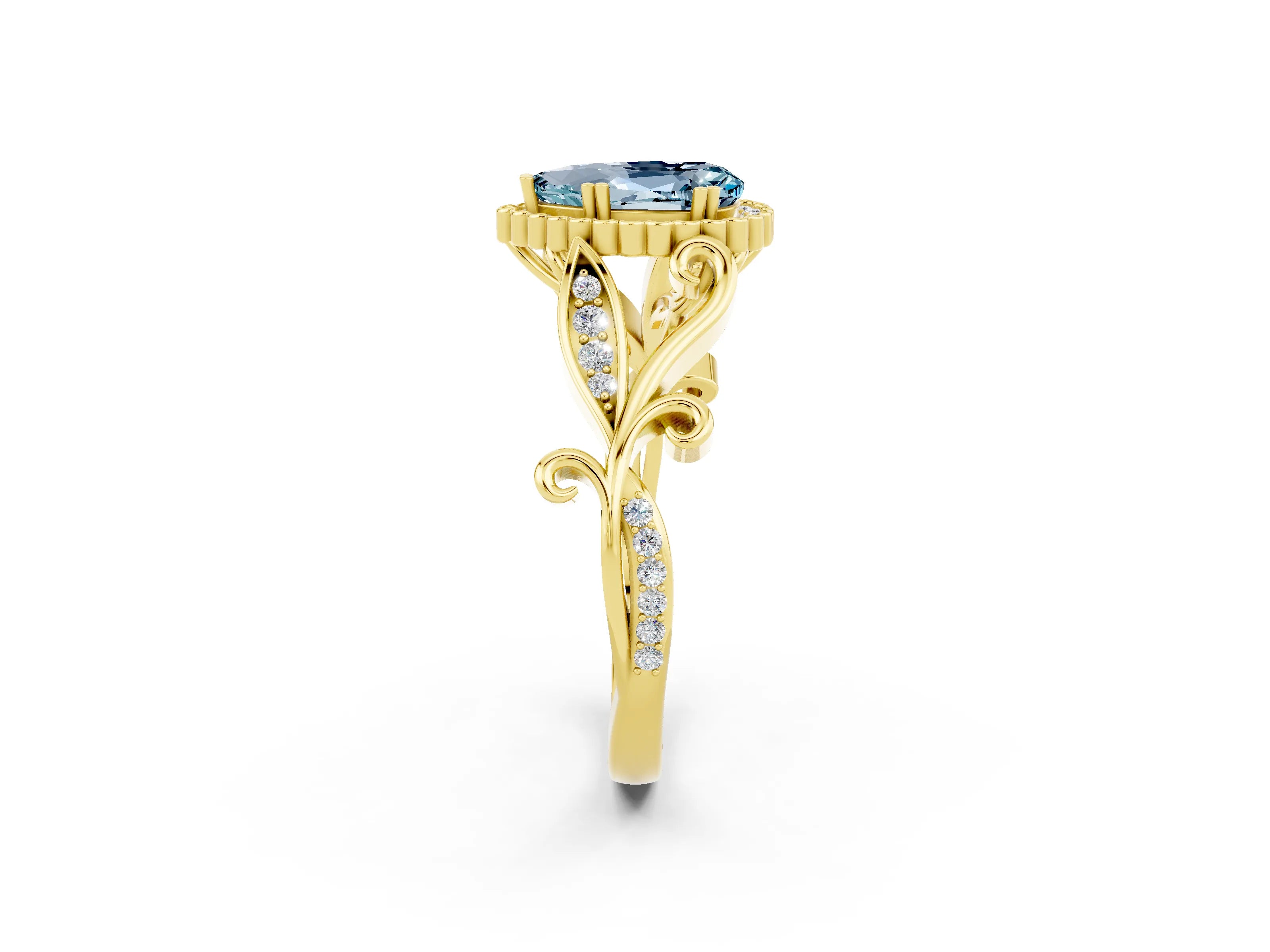 Yellow gold Pear Cut Aquamarine Halo Ring with Vintage Split Shank and Four-Prong Setting_2