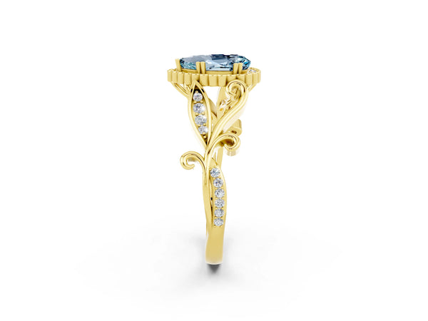 Yellow gold Pear Cut Aquamarine Halo Ring with Vintage Split Shank and Four-Prong Setting
