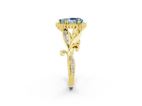 Yellow gold Pear Cut Aquamarine Halo Ring with Vintage Split Shank and Four-Prong Setting_2