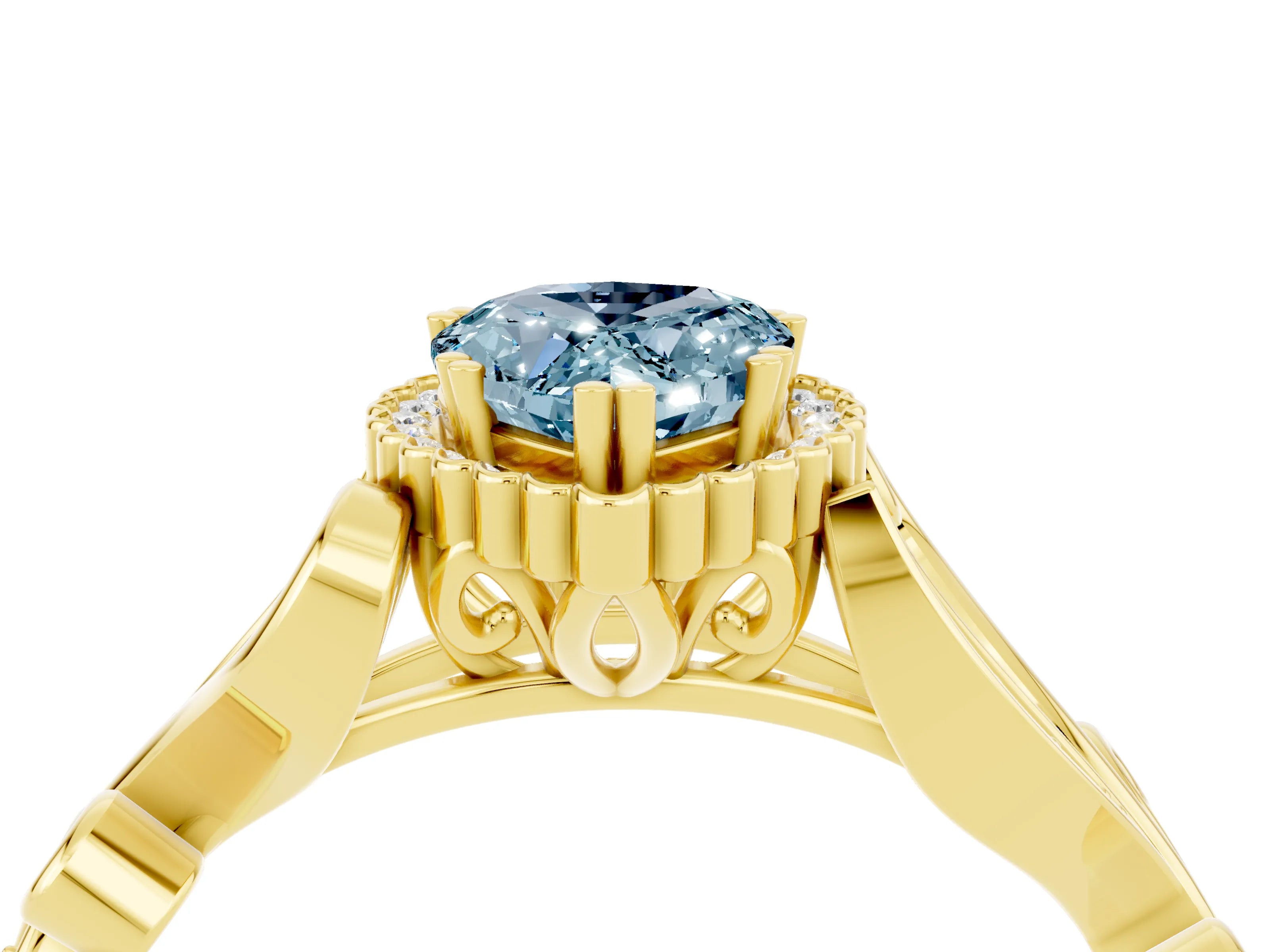 Yellow gold Pear Cut Aquamarine Halo Ring with Vintage Split Shank and Four-Prong Setting_4