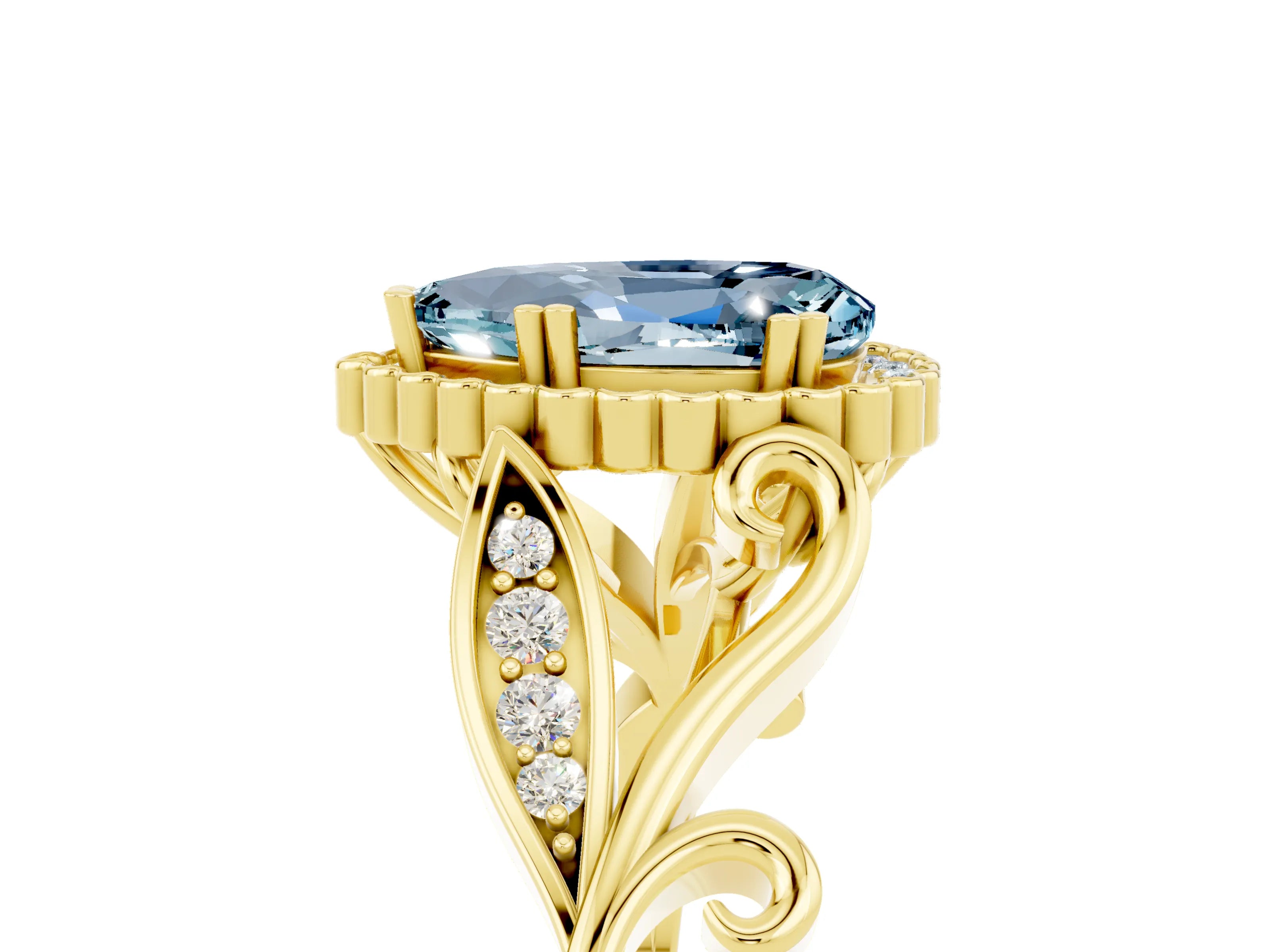 Yellow gold Pear Cut Aquamarine Halo Ring with Vintage Split Shank and Four-Prong Setting_5
