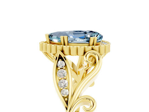 Yellow gold Pear Cut Aquamarine Halo Ring with Vintage Split Shank and Four-Prong Setting_5