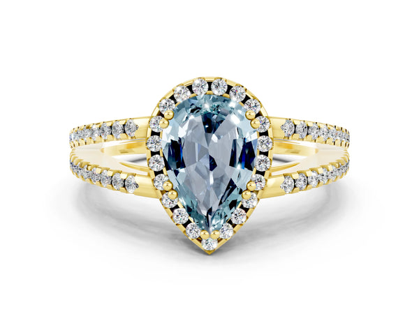 Yellow gold Pear Cut Aquamarine Halo Split Shank Engagement Ring