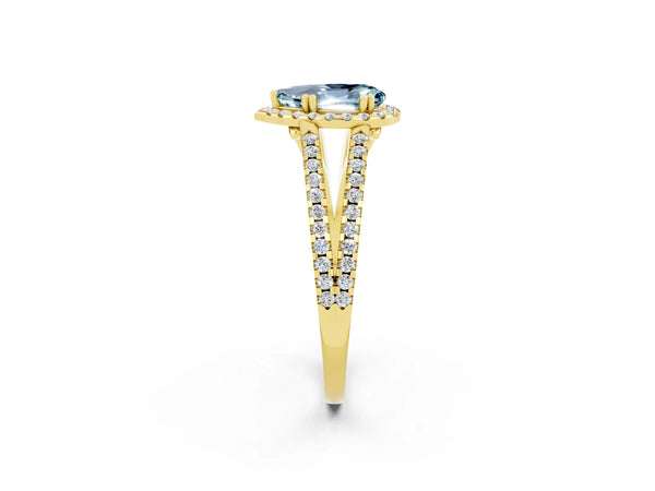 Yellow gold Pear Cut Aquamarine Halo Split Shank Engagement Ring