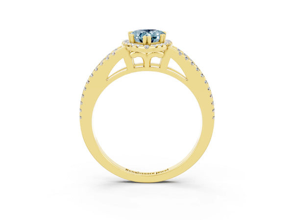 Yellow gold Pear Cut Aquamarine Halo Split Shank Engagement Ring