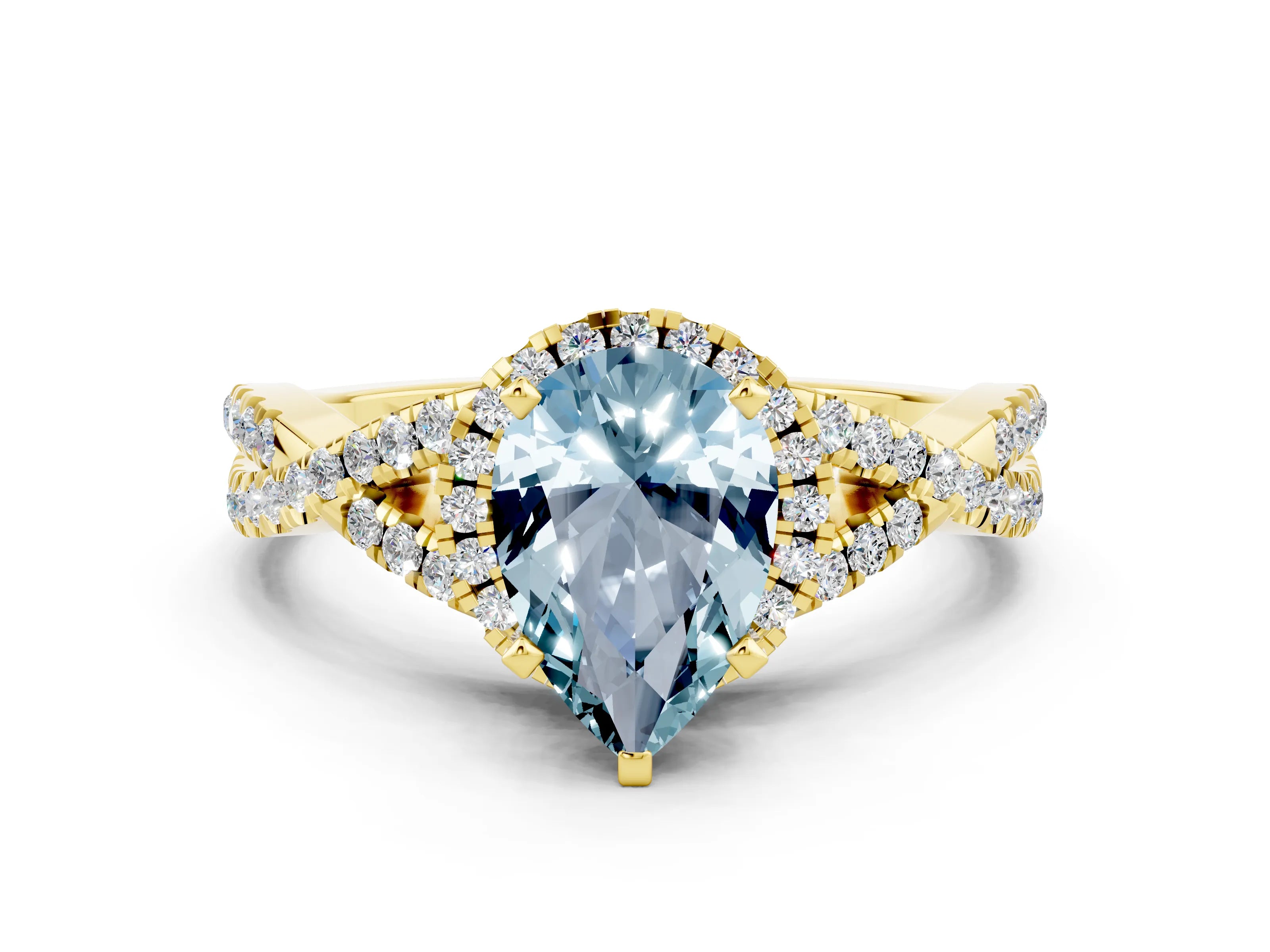 Yellow gold Pear Cut Aquamarine Halo Twist Band Solitaire Prong Setting Ring