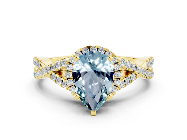 Yellow gold Pear Cut Aquamarine  Halo Twist Band Solitaire Prong Setting Ring