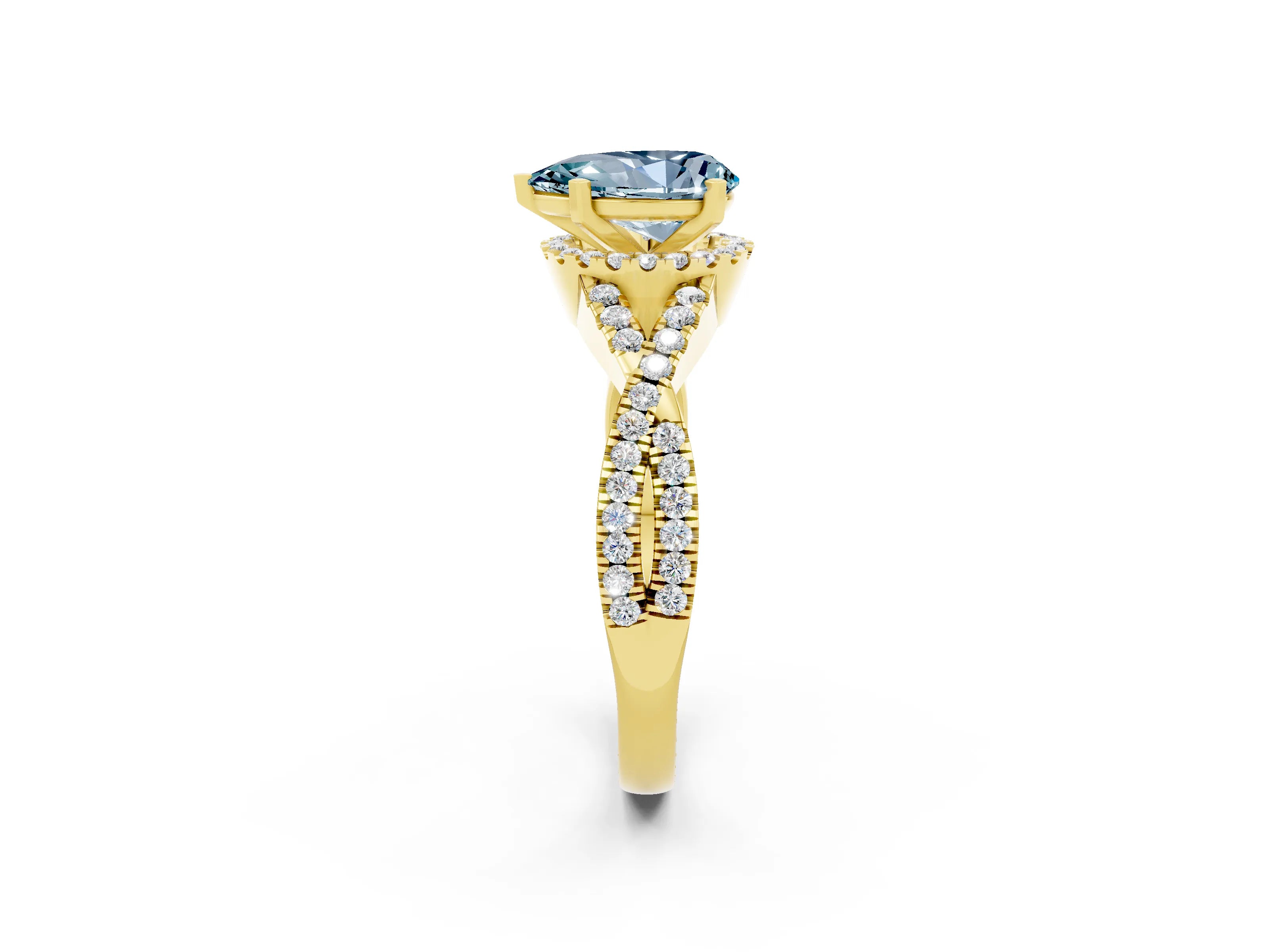 Yellow gold Pear Cut Aquamarine Halo Twist Band Solitaire Prong Setting Ring_2