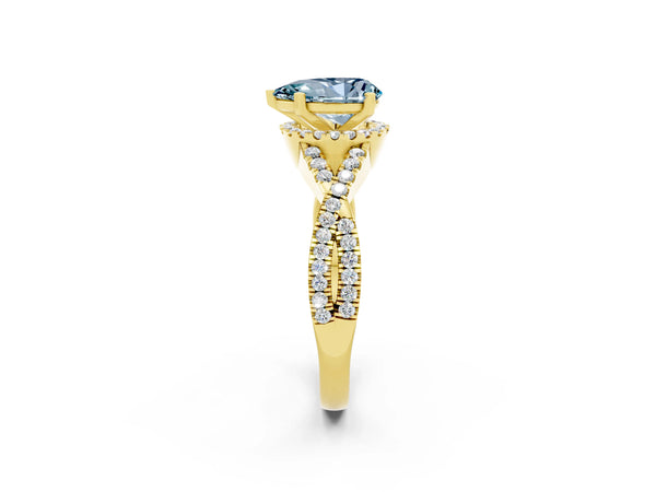 Yellow gold Pear Cut Aquamarine  Halo Twist Band Solitaire Prong Setting Ring