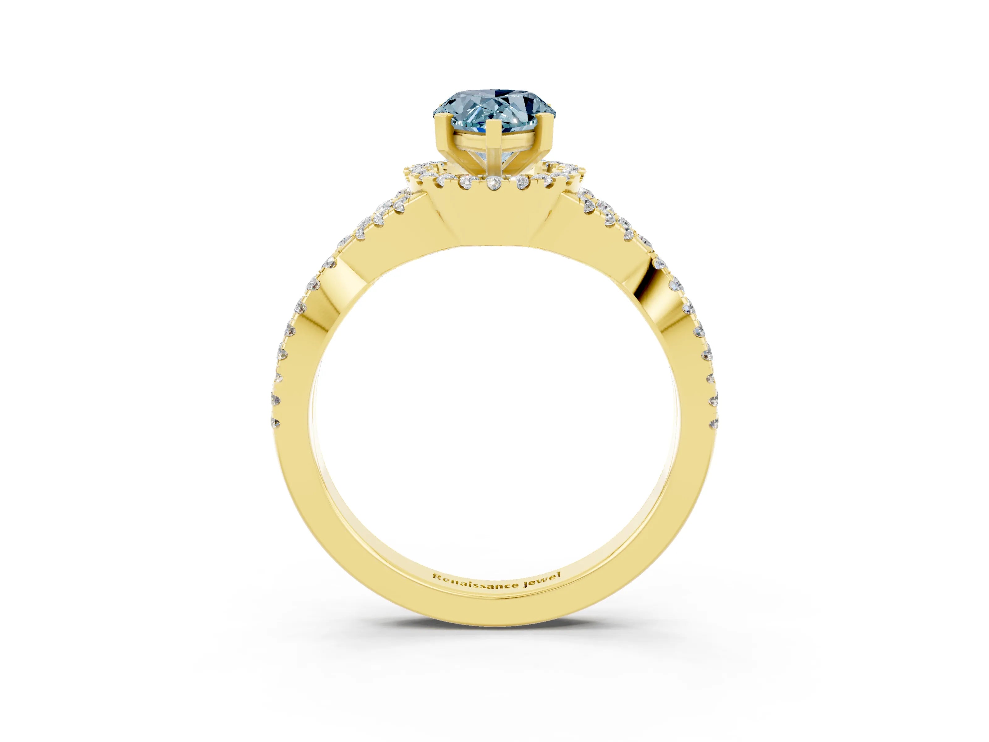 Yellow gold Pear Cut Aquamarine Halo Twist Band Solitaire Prong Setting Ring_3