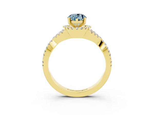 Yellow gold Pear Cut Aquamarine  Halo Twist Band Solitaire Prong Setting Ring