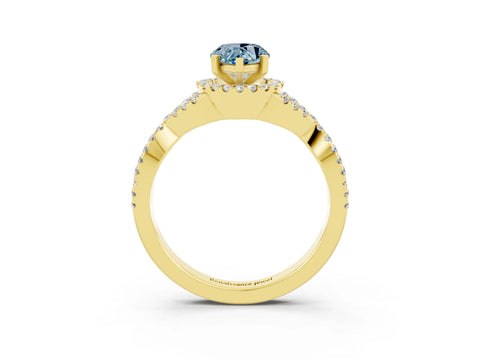 Yellow gold Pear Cut Aquamarine Halo Twist Band Solitaire Prong Setting Ring_3
