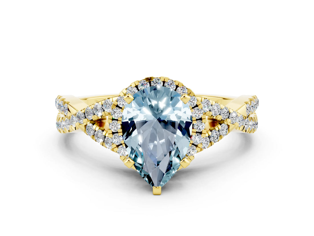 Yellow gold Pear Cut Aquamarine  Halo Twist Band Solitaire Prong Setting Ring_42