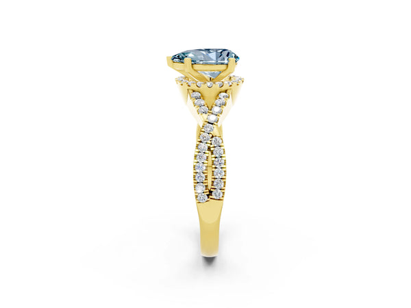 Yellow gold Pear Cut Aquamarine  Halo Twist Band Solitaire Prong Setting Ring