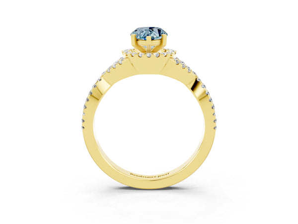 Yellow gold Pear Cut Aquamarine  Halo Twist Band Solitaire Prong Setting Ring