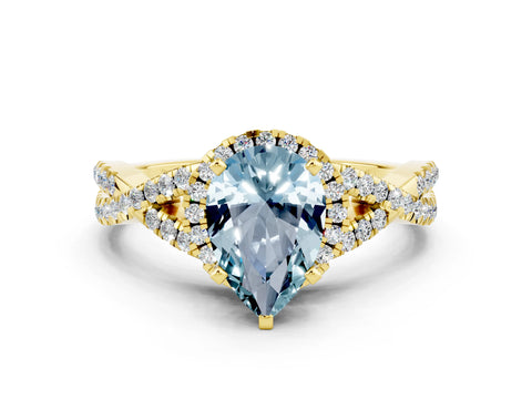 Yellow gold Pear Cut Aquamarine Halo Twist Band Solitaire Prong Setting Ring