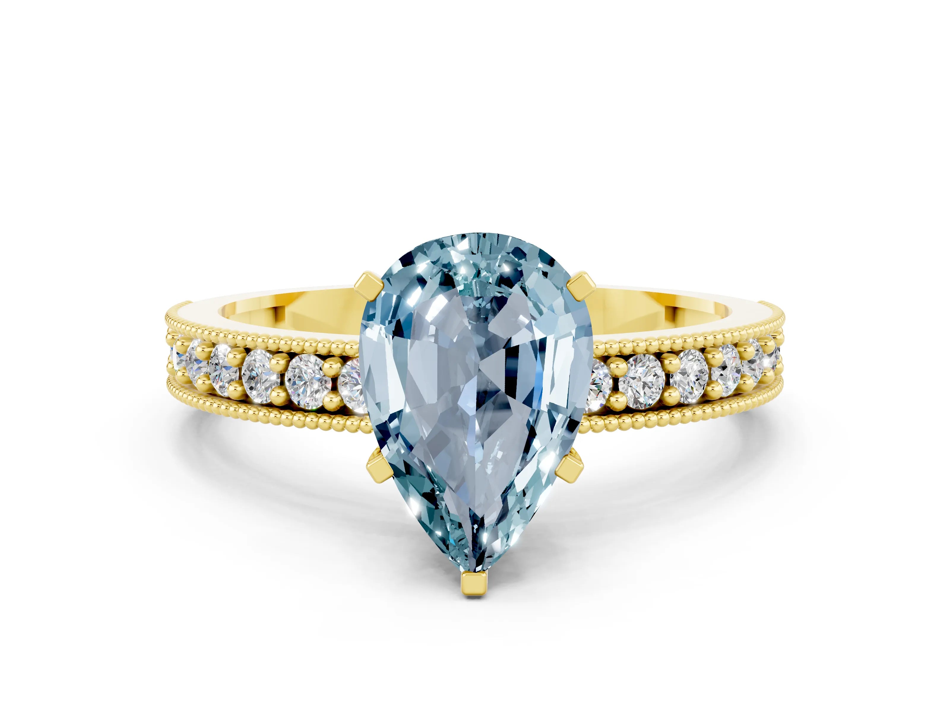 Yellow gold Pear Cut Aquamarine Milgrain Pavé Engagement Ring with Four-Prong Setting