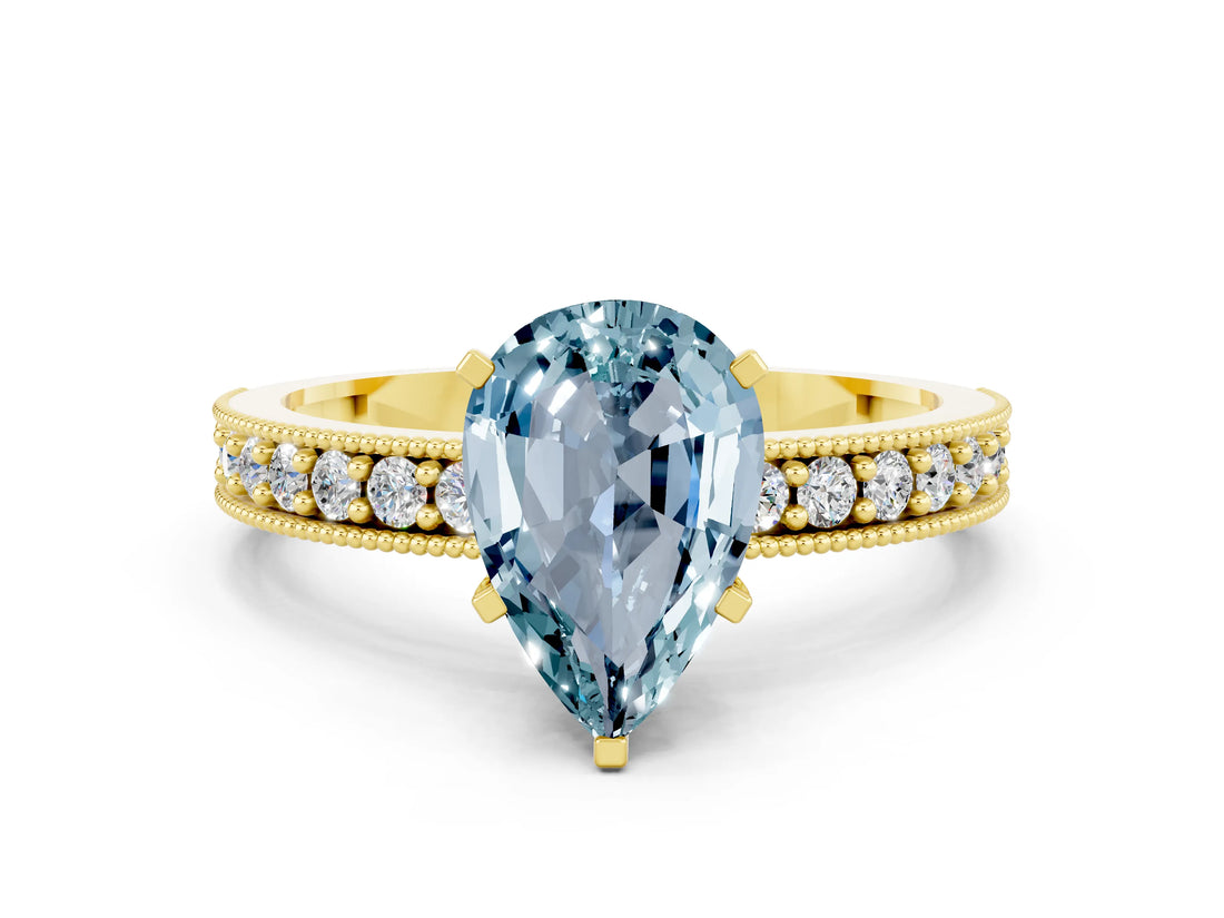 Yellow gold Pear Cut Aquamarine Milgrain Pavé Engagement Ring with Four-Prong Setting