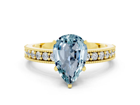 Yellow gold Pear Cut Aquamarine Milgrain Pavé Engagement Ring with Four-Prong Setting