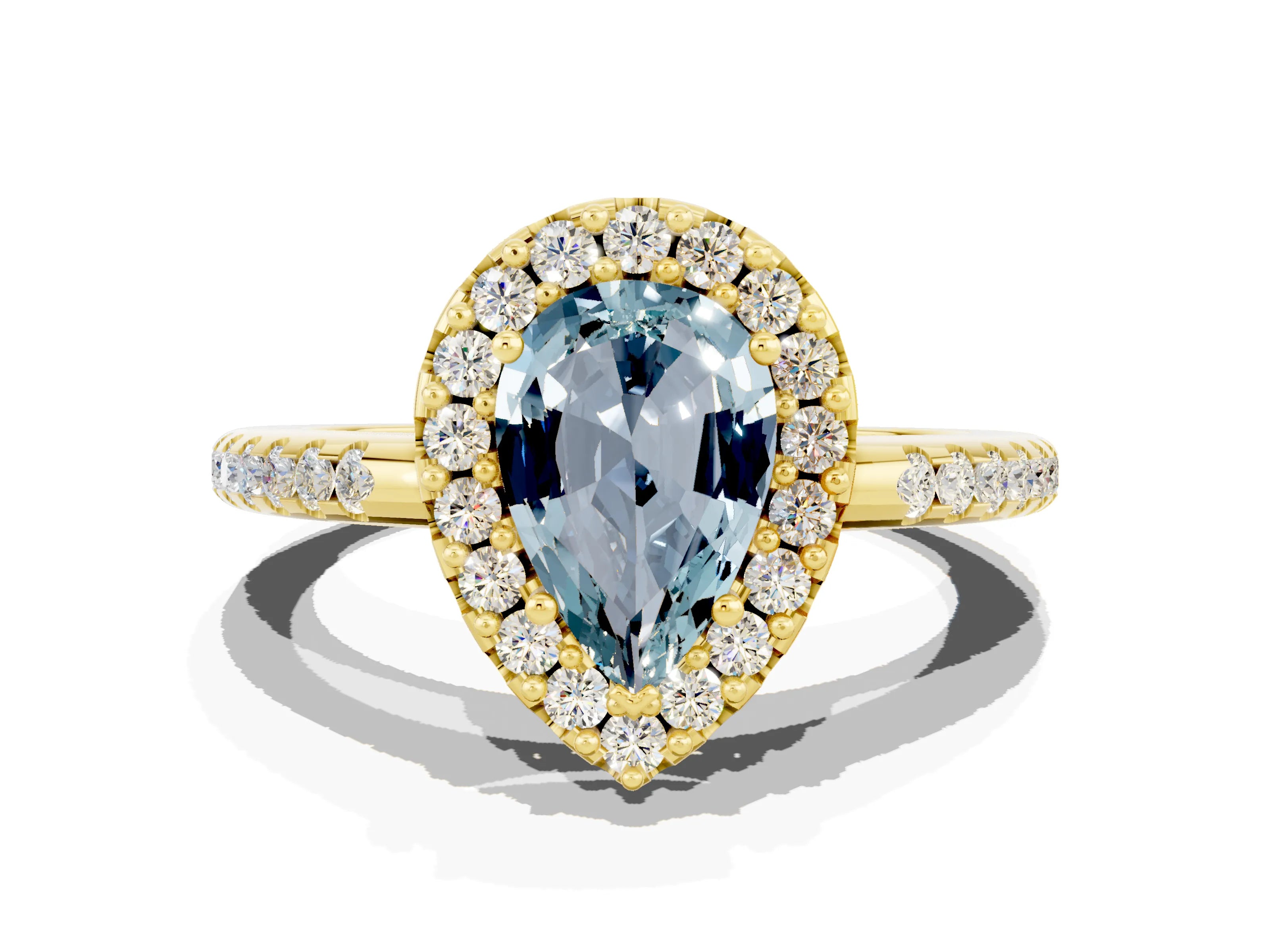 Yellow gold Pear Cut Aquamarine Pavé Halo Ring with Four-Prong Setting_12