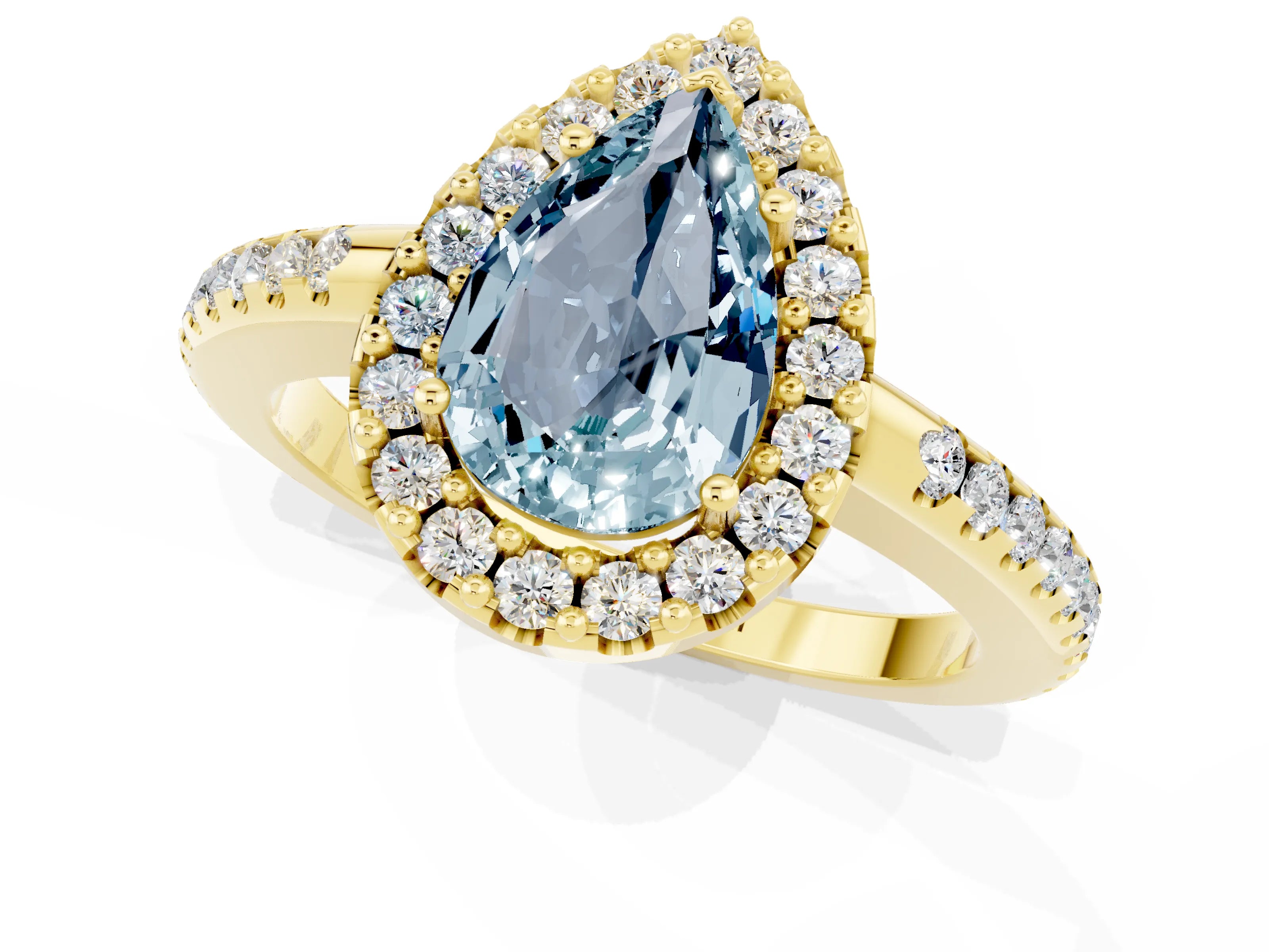 Yellow gold Pear Cut Aquamarine Pavé Halo Ring with Four-Prong Setting_13