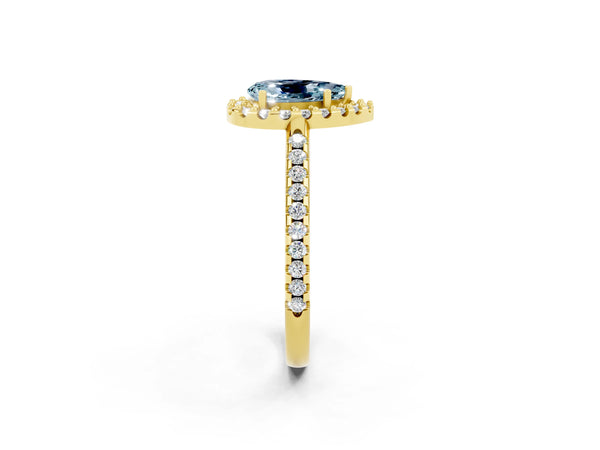Yellow gold Pear Cut Aquamarine Pavé Halo Ring with Four-Prong Setting