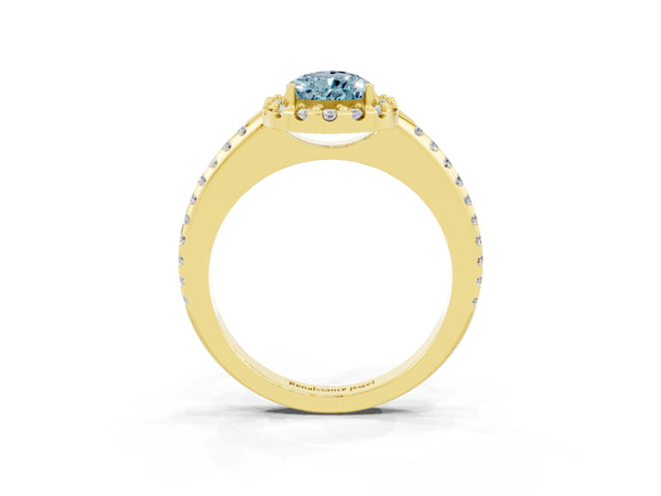 Yellow gold Pear Cut Aquamarine Pavé Halo Ring with Four-Prong Setting