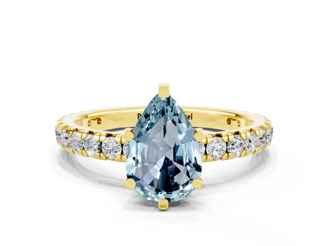 Yellow gold Pear Cut Aquamarine Pavé Solitaire Ring with Round Band and Prong Setting_24