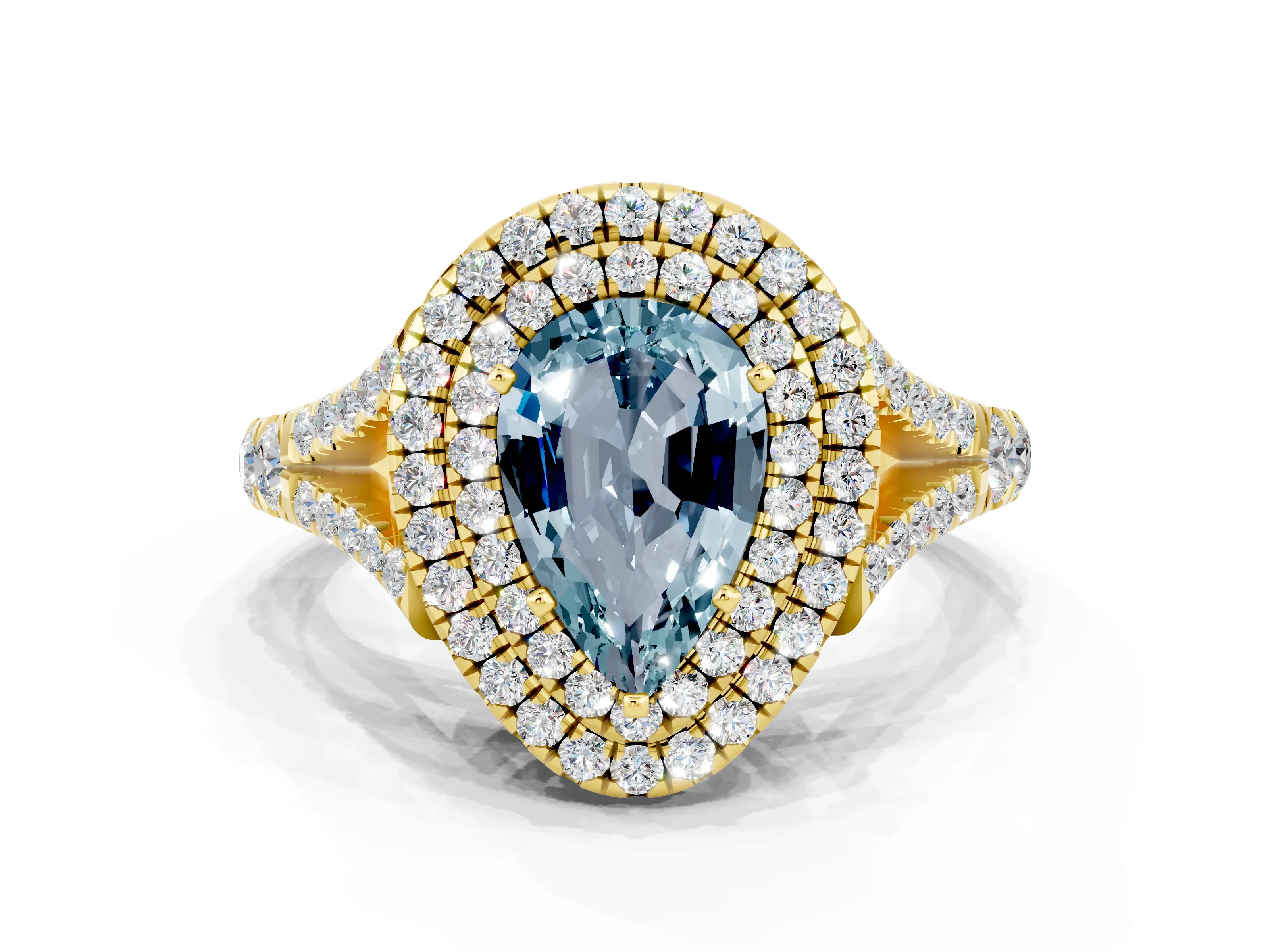 Yellow gold Pear Cut Aquamarine Pavé Split Shank Double Halo Engagement Ring