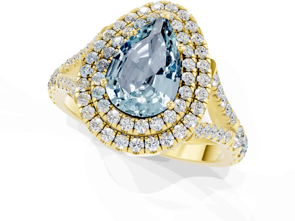 Yellow gold Pear Cut Aquamarine Pavé Split Shank Double Halo Engagement Ring