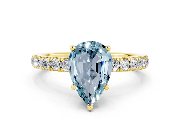 Yellow gold Pear Cut Aquamarine Pave Band Solitaire Ring with Round  and Prong Setting