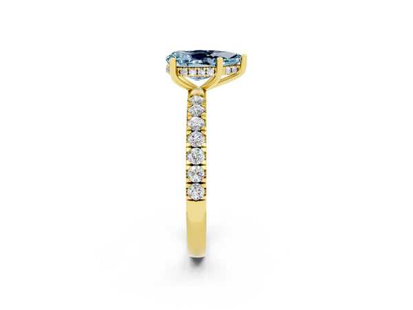 Yellow gold Pear Cut Aquamarine Pave Band Solitaire Ring with Round  and Prong Setting