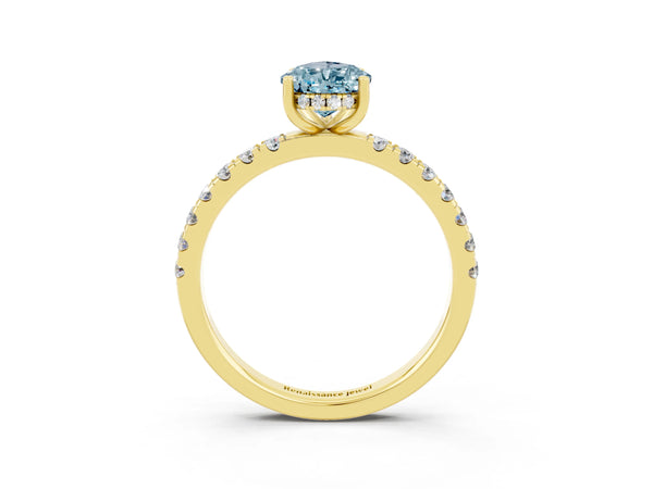 Yellow gold Pear Cut Aquamarine Pave Band Solitaire Ring with Round  and Prong Setting