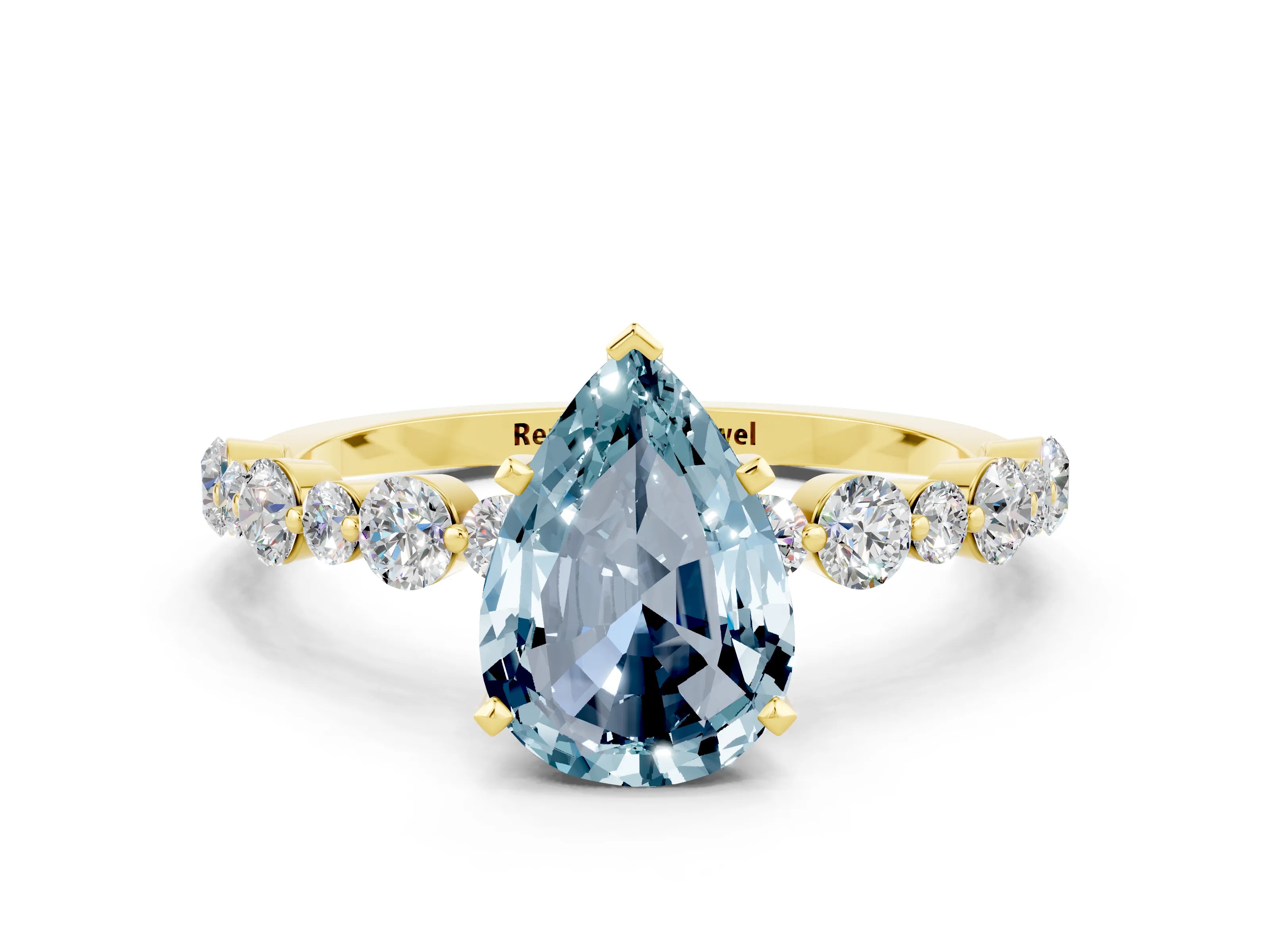 Yellow gold Pear Cut Aquamarine Prong Set Engagement Ring with Pavé Band