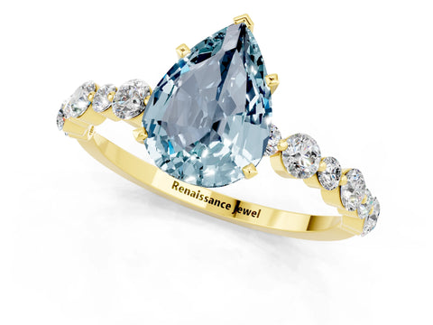 Yellow gold Pear Cut Aquamarine Prong Set Engagement Ring with Pavé Band_1